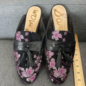 Sam Edelman Leather Paris Jacquard Floral‎ Cherry Blossom Mules Black Pink